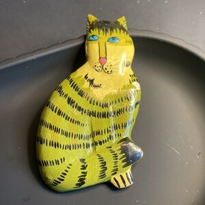 Handcrafted Vintage Folk Art Wood Tabby Cat Pin with Issues animal pin jewelry